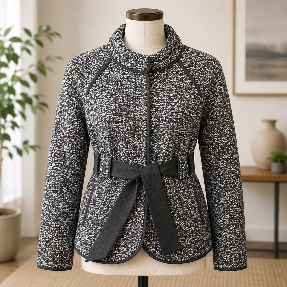 NWT Sandro Petite Boucle Tweed Belted Jacket Womens PL Black White Mock Neck